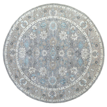 12'X12' Hand Knotted Soft Wool Fine Peshawar Silver Gray Round Rug