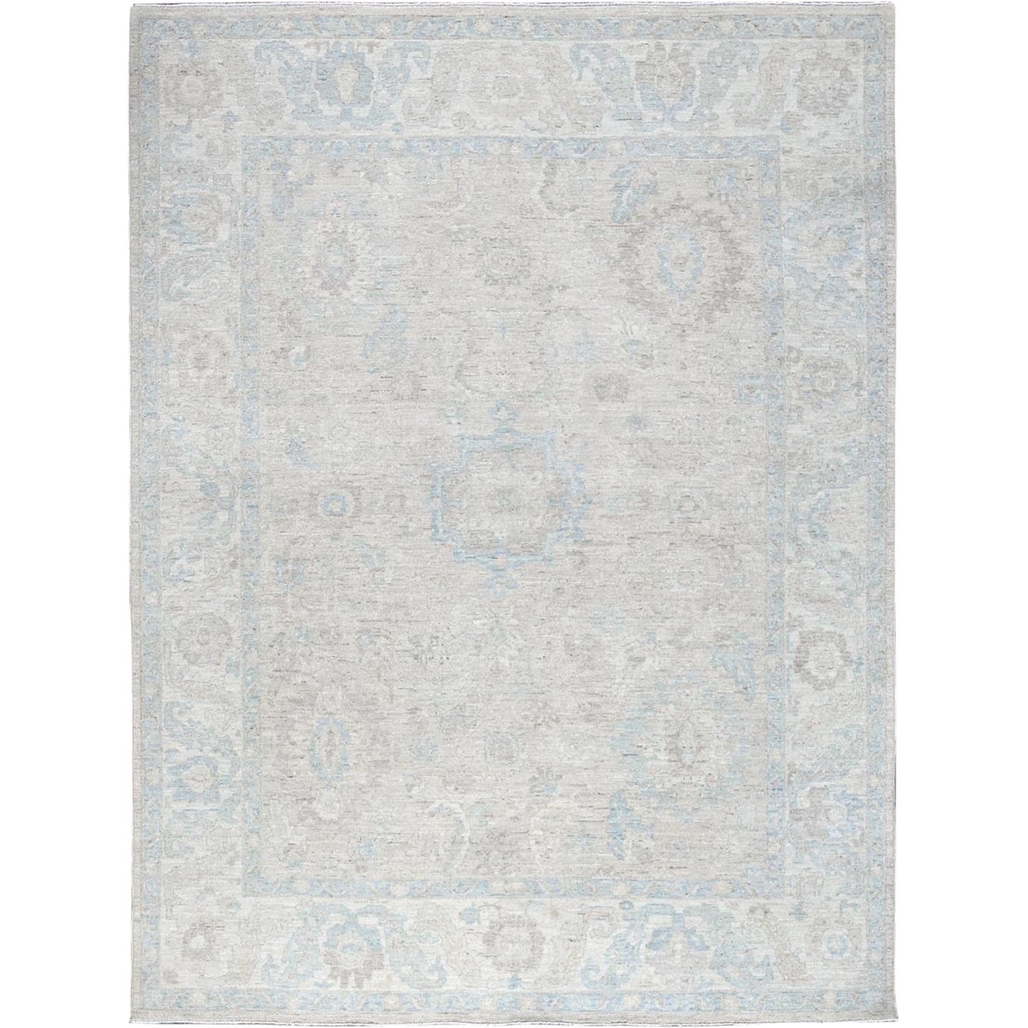 7'9"X9'10" Bone White Washed Out Peshawar Pure Wool Hand Knotted Rug