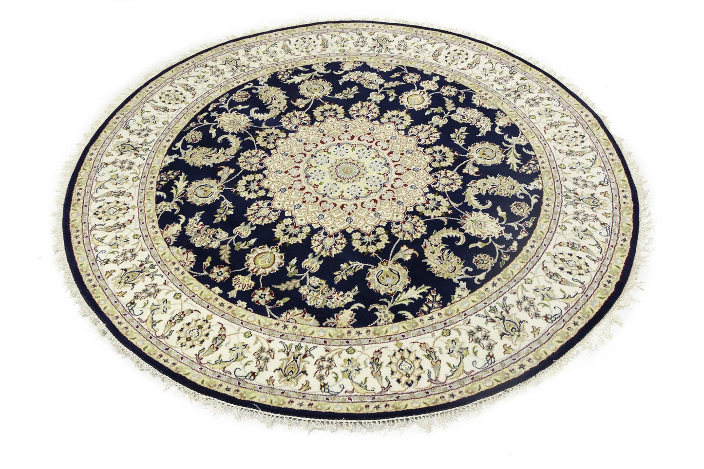 7X7 ft Round Indo-Nain Oriental Rug Handmade Dark Navy Floral Classic Carpet