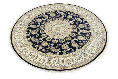 7X7 ft Round Indo-Nain Oriental Rug Handmade Dark Navy Floral Classic Carpet