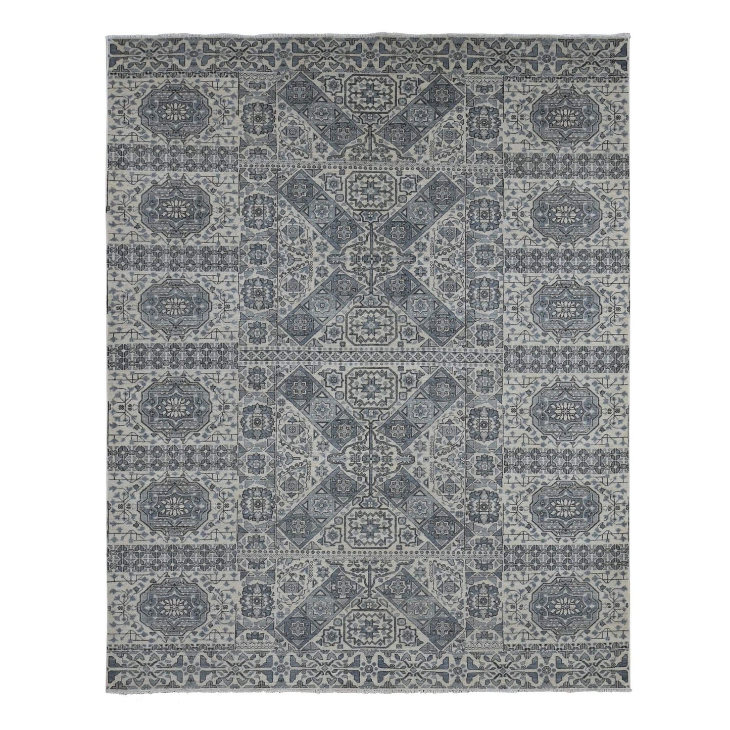 8'2"X10'5" Gray Ottoman Mamluk Design Hand Knotted Undyed Wool Rug