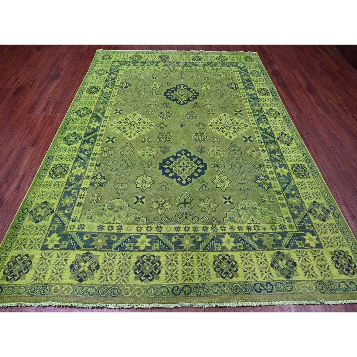 7'5"X10' Olive Green Hand Knotted Overdyed Kazak Tribal Design Wool Rug