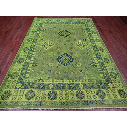 7'5"X10' Olive Green Hand Knotted Overdyed Kazak Tribal Design Wool Rug