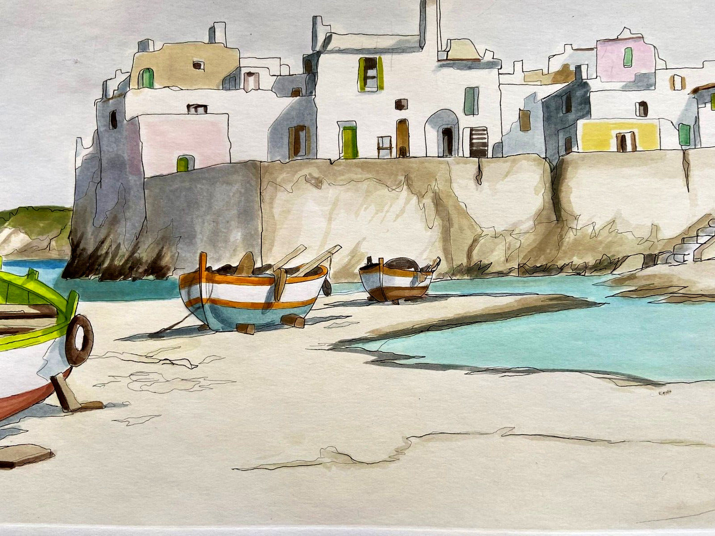 Aldo Riso 'Boats On The Shore' Stunning Hand-Painted 35X100 Authenticated-Signed