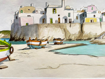 Aldo Riso 'Boats On The Shore' Stunning Hand-Painted 35X100 Authenticated-Signed