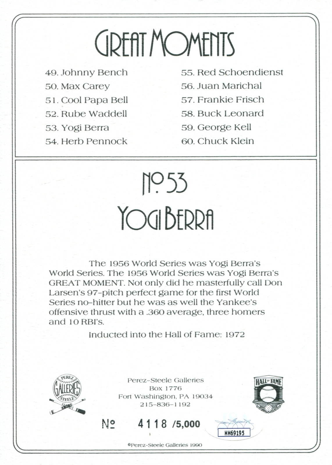 Yogi Berra Autographed Perez Steele Greatest Moments Card (Jsa)