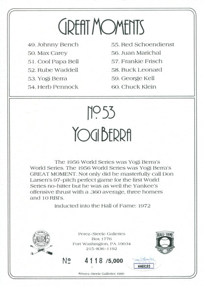 Yogi Berra Autographed Perez Steele Greatest Moments Card (Jsa)