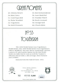 Yogi Berra Autographed Perez Steele Greatest Moments Card (Jsa)