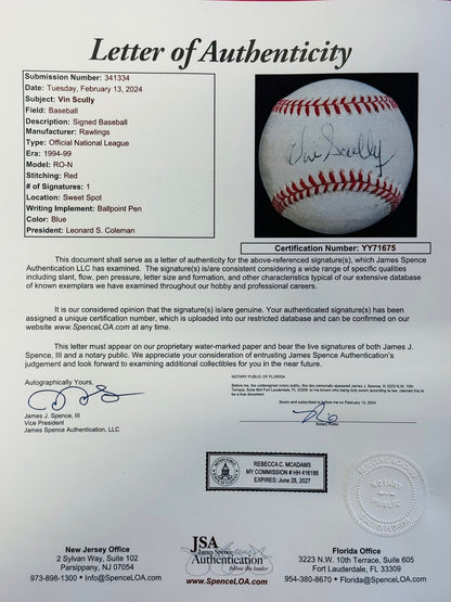 Vin Scully Autographed Official National League Baseball (Jsa)