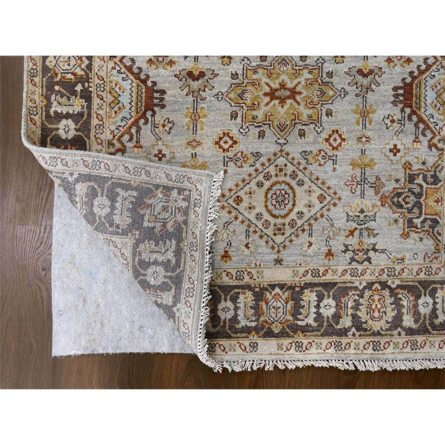4'2"X9'10" Gray Karjihooz Design Pure Wool Hand Knotted Wide Runner Rug