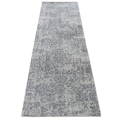 2'5"X8'2" Gray Erased Design Hand Loomed Wool And Silk Runner Rug