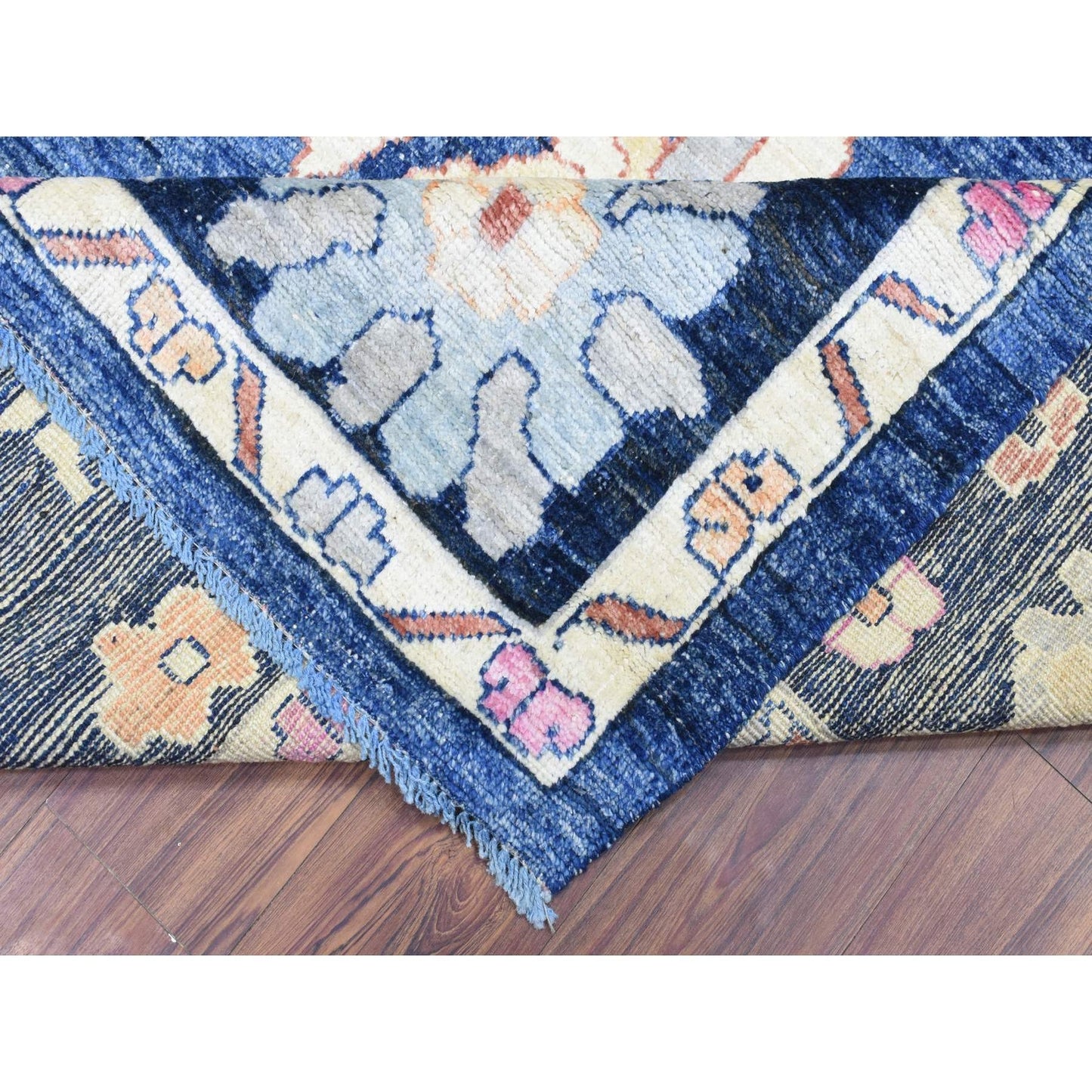 10'3"X10'3" Blue Hand Knotted Afghan Angora Oushak Soft Wool Square Rug