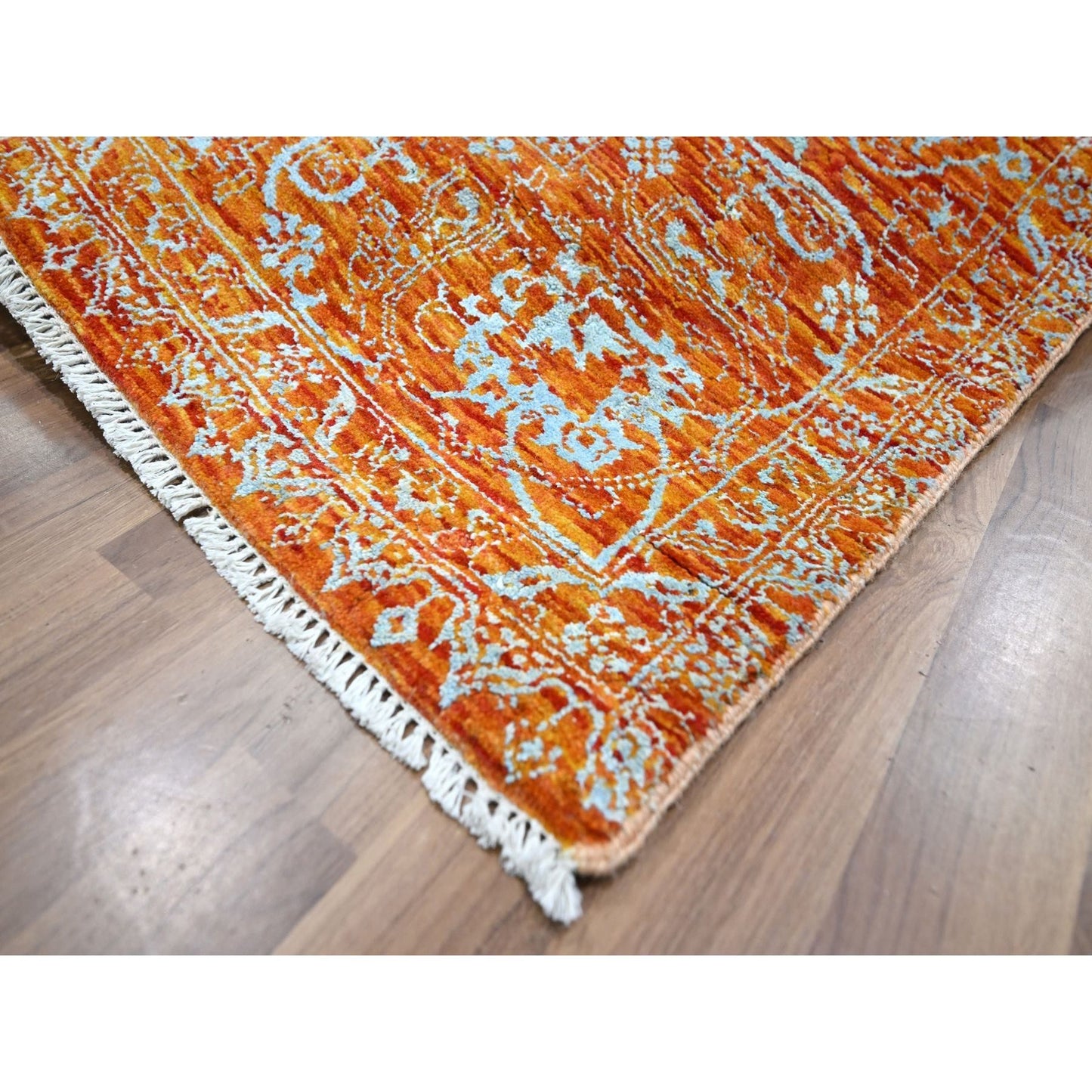 8'X10'4" Orange Zoroastrian Influence Design Wool & Silk Hand Knotted Rug