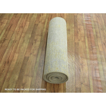 2'6"X19' Ivory Abstract Design Wool And Silk Hand Knotted Xl Runner Rug