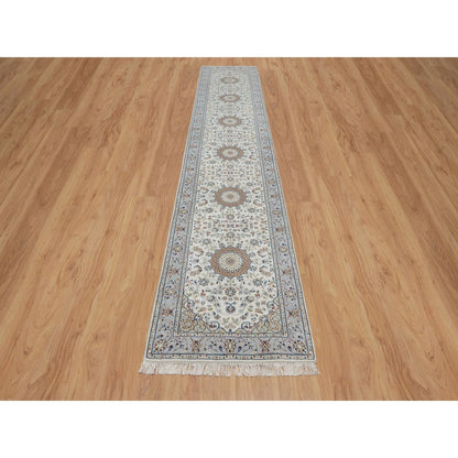 2'10"X14'6" Ivory Nain Flower Design Wool & Silk Hand Knotted Runner Rug