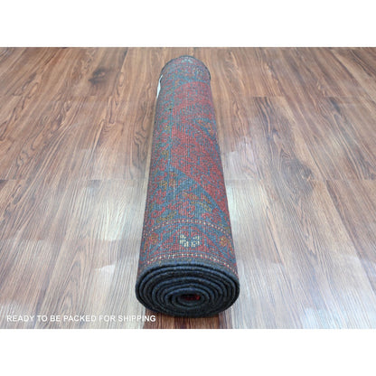 2'7"X9'8" Red Andkhoy Geometric Design Pure Wool Hand Knotted Runner Rug