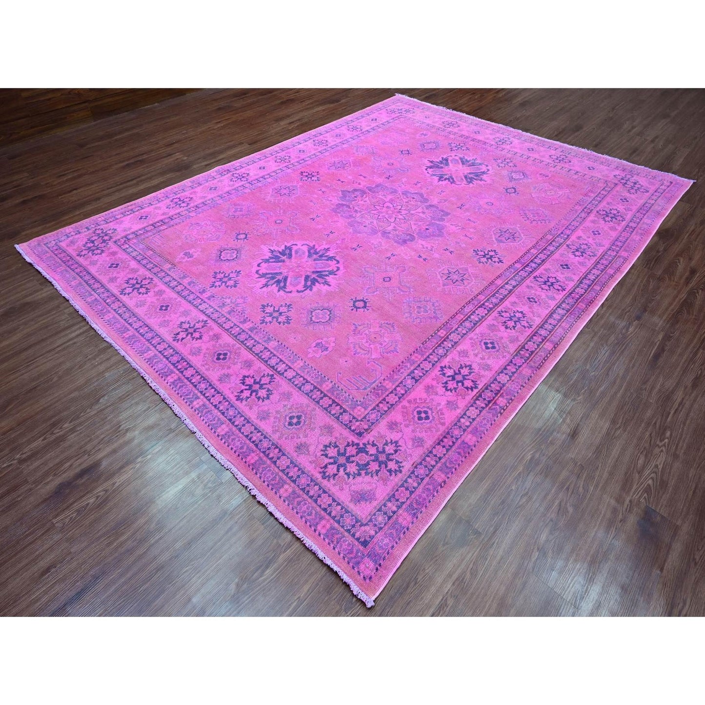 8'6"X11'4" Pink Overdyed Kazak Medallion Design Hand Knotted All Wool Rug