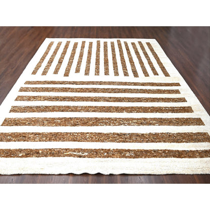 12'2"X14'10" Brown Wool Minimalist Stripe Hand Knotted Oversized Rug