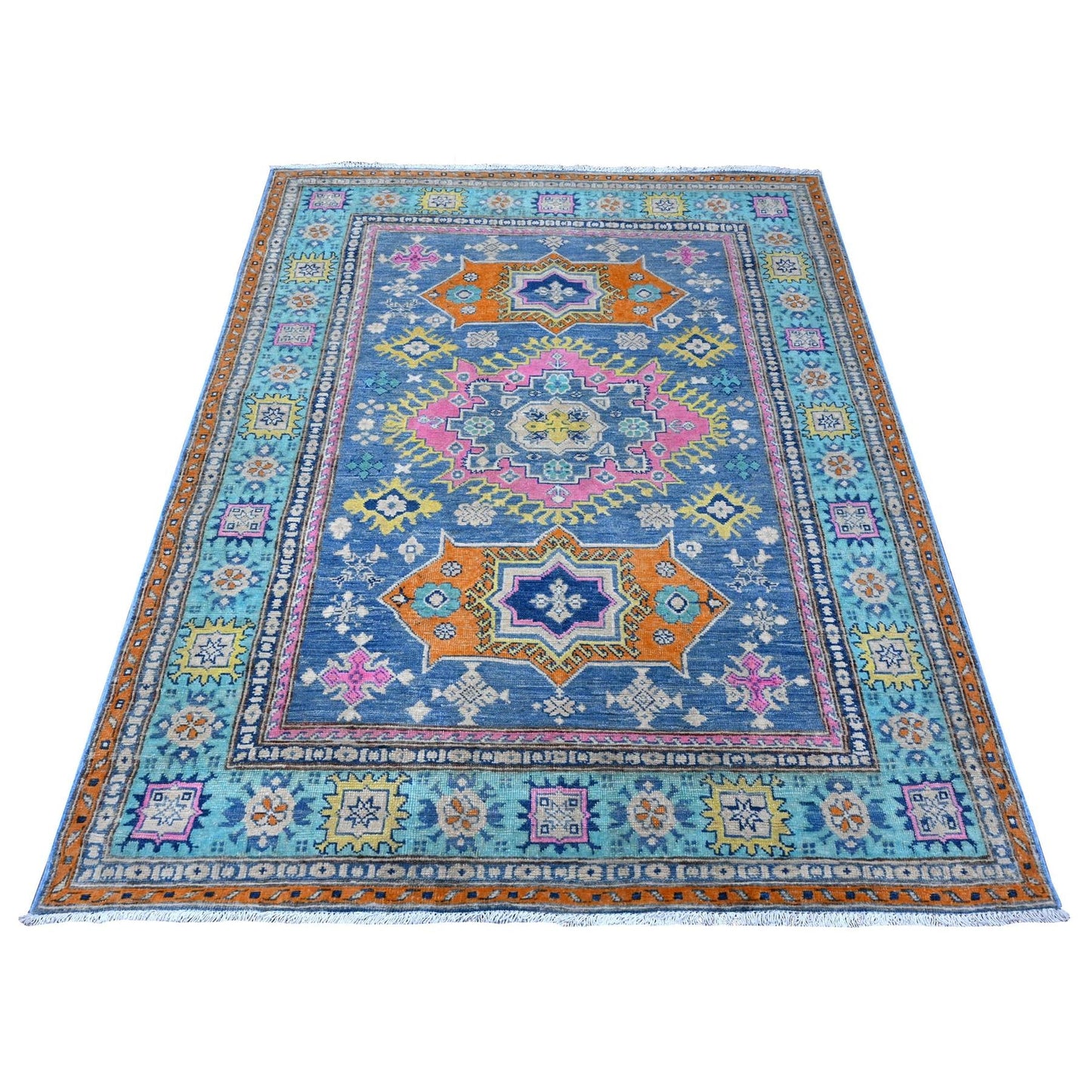 5'1"X6'4" Bayern Blue All Natural Wool Colorful Fusion Kazak Oriental Rug