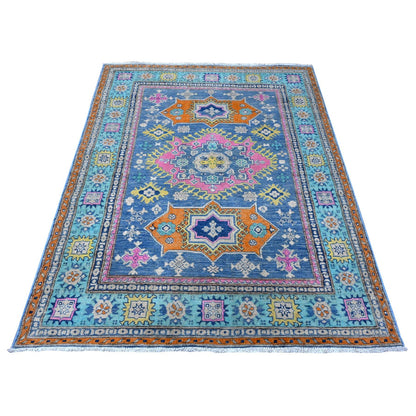 5'1"X6'4" Bayern Blue All Natural Wool Colorful Fusion Kazak Oriental Rug