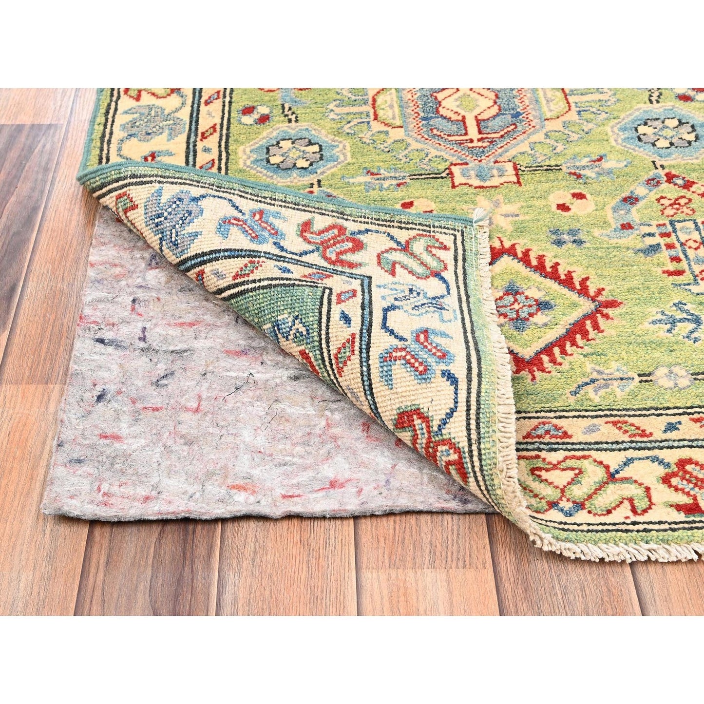 2'8"X12'7" Green Kazak With Geometric Design Hand Knotted Rug Wool Runner