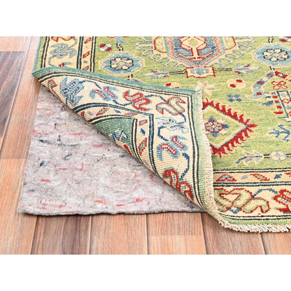 2'8"X12'7" Green Kazak With Geometric Design Hand Knotted Rug Wool Runner
