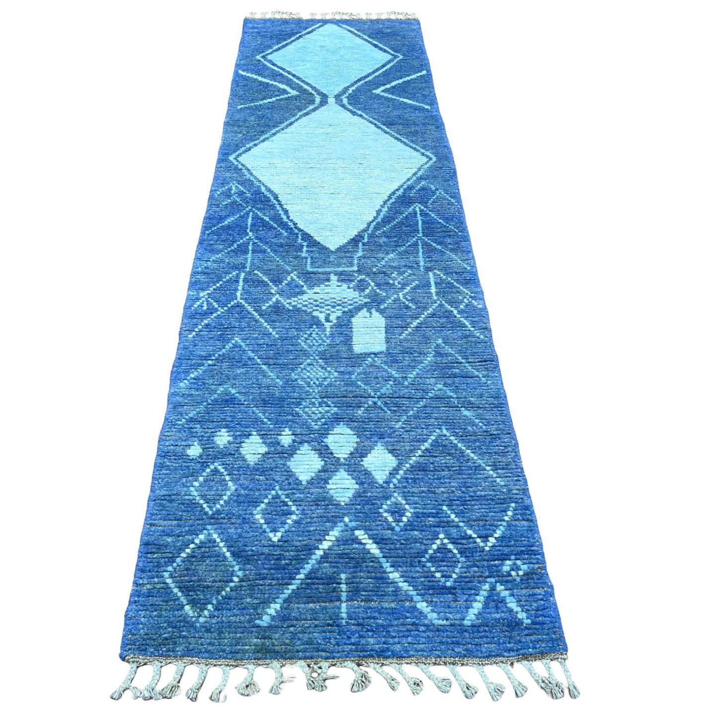 2'10"X10'3" Blue Geometric Moroccan Weave Wool Hand Knotted Runner Rug
