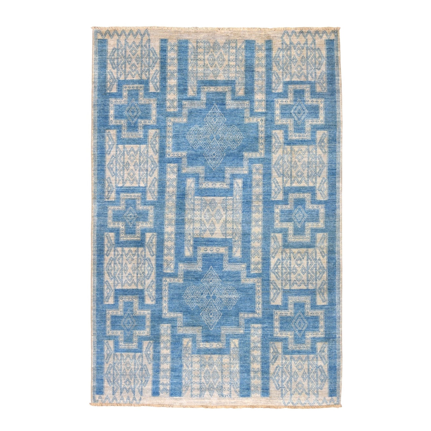 6'X8'9" Blue Hand Knotted Pure Wool Peshawar With Berber Motifs Rug