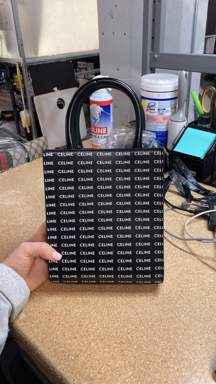 Mini Celine Vertical Cabas Tote All Over Logo Print Leather