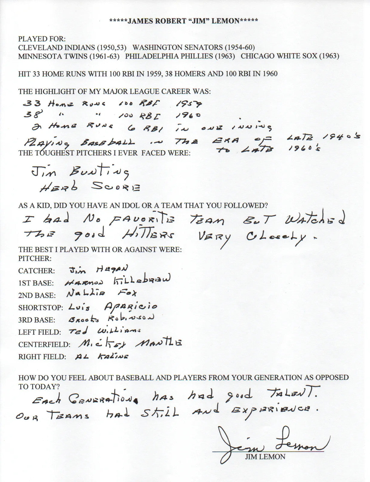 Jim Lemon Autographed Hand Filled Out Survey Page (Jsa)