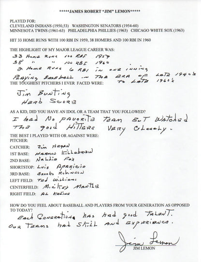 Jim Lemon Autographed Hand Filled Out Survey Page (Jsa)