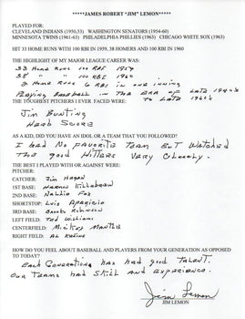 Jim Lemon Autographed Hand Filled Out Survey Page (Jsa)
