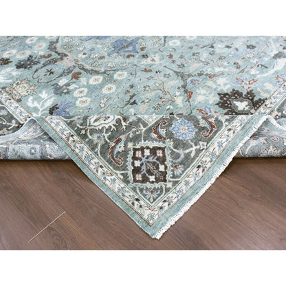 9'X11'9" Teal Green Hand Knotted Oushak With Floral Motifs Soft Wool Rug