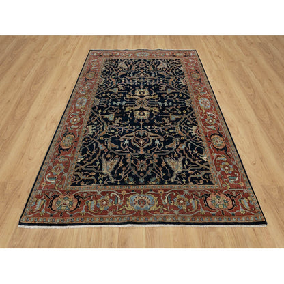 6'2"X9'2" Polo Blue Pure Wool Soft Antiqued Fine Heris Hand Knotted Rug