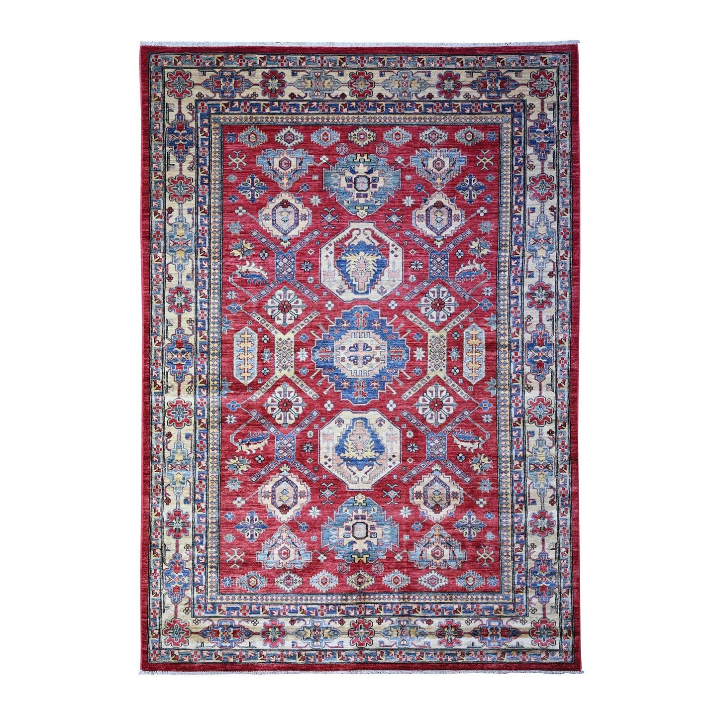 6'9"X9'9" Red Wool Afghan Super Kazak Geometric Elements Hand Knotted Rug
