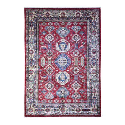 6'9"X9'9" Red Wool Afghan Super Kazak Geometric Elements Hand Knotted Rug
