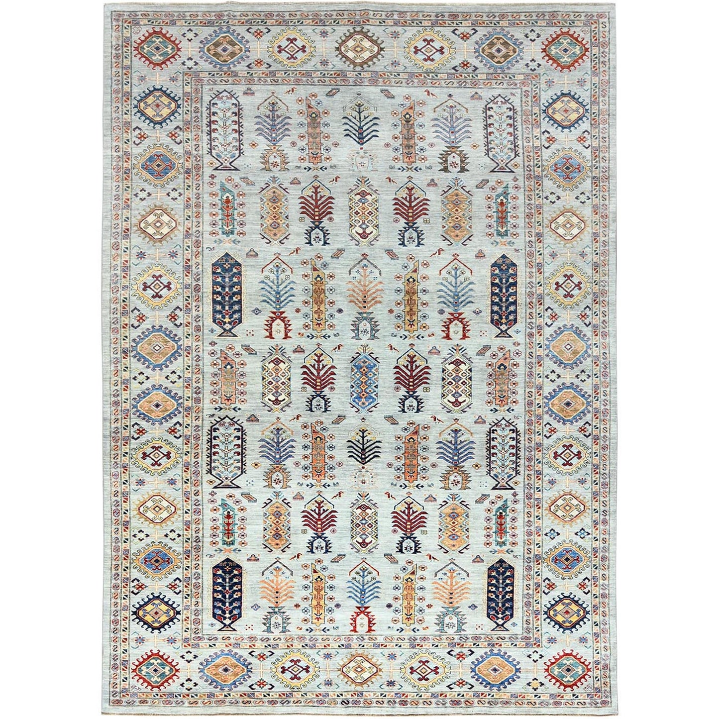 10'X14' Silver Blue Pure Wool Hand Knotted Afghan Super Kazak Rug