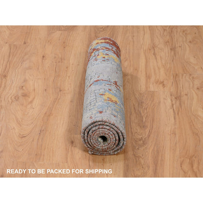 2'6"X5'10" Wool And Silk Abstract Fire Mosaic Design Hand Knotted Rug