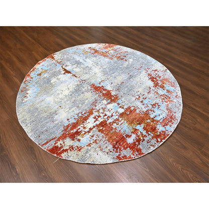 8'X8' Orange Abstract Mosaic Design Wool And Silk Hand Knotted Round Rug