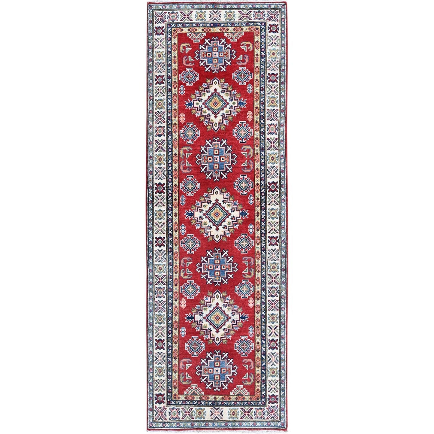 2'8"X8'2" Red Kazak With Medallions Design All Wool Hand Knotted Runner Rug