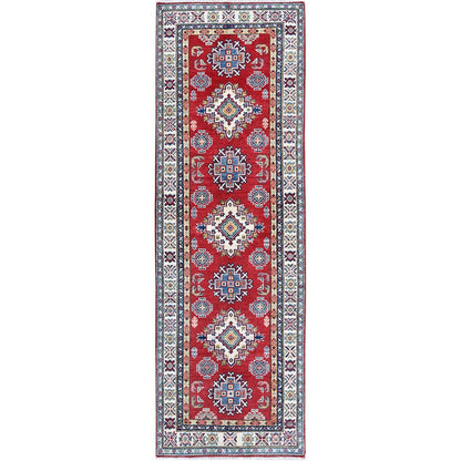2'8"X8'2" Red Kazak With Medallions Design All Wool Hand Knotted Runner Rug