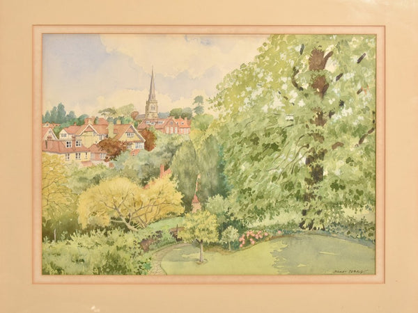 Ferris Honey Large British Signed Village Watercolor Framed Church Landscape