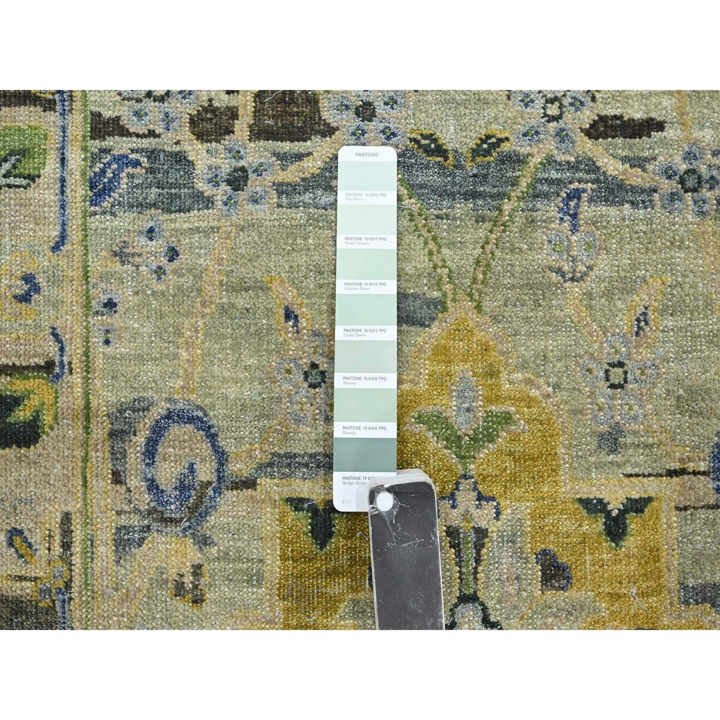 2'7"X12'3" Green Erased Birds Design Pure Wool Hand Knotted Runner Rug
