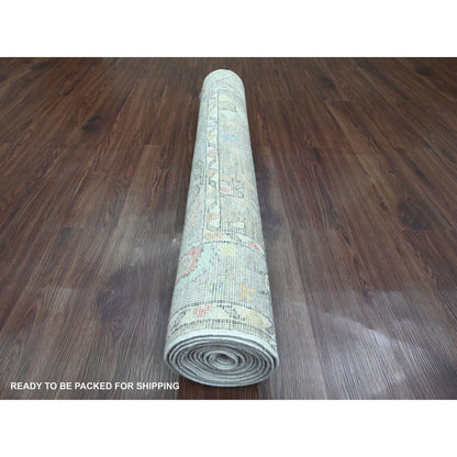 3'10"X12'1" Gray Hand Knotted Angora Oushak Leaf Design Wool Runner Rug