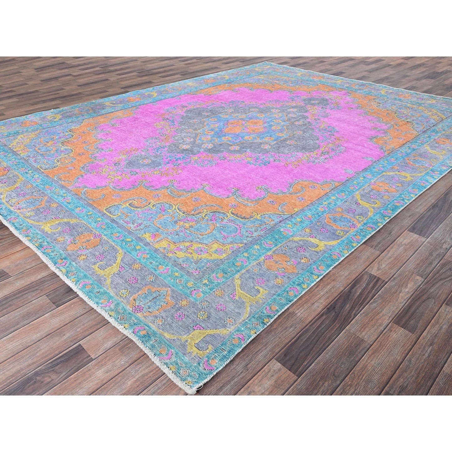 9'2"X12' Pink Painted Vintage Zoroastrian Tebraz Hand Knotted All Wool Rug