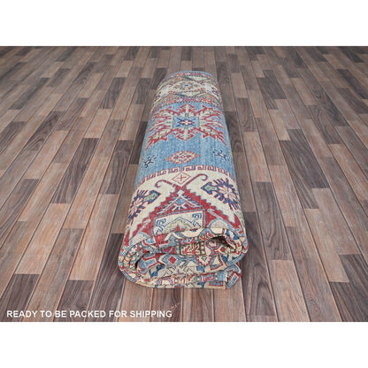 9'X11'9" Blue Hand Knotted Kazak Tribal Pattern Pure Wool Oriental Rug