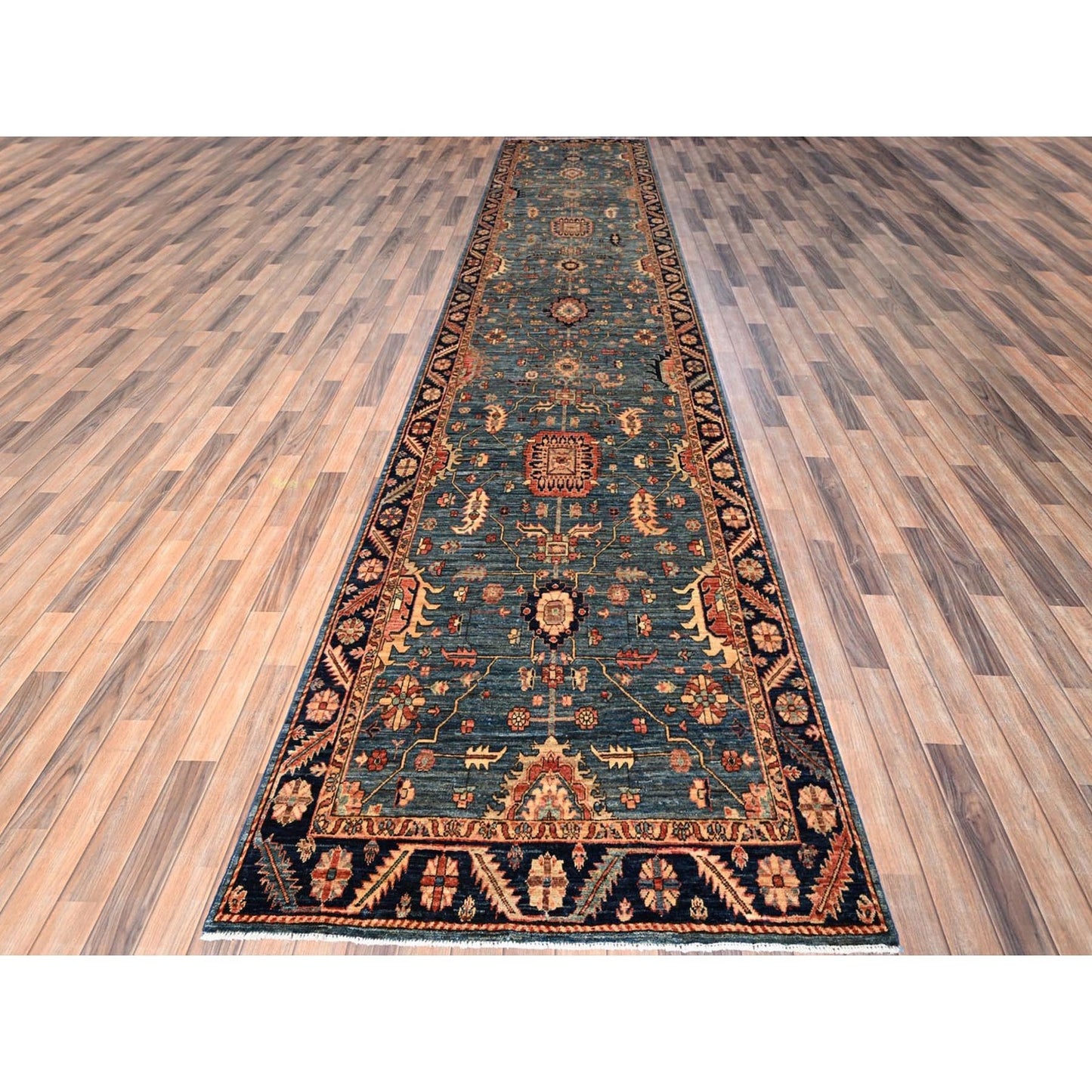 Rug 4'3"x19' Stone Blue Heris All Over Design Pure Wool Hand Knotted Runner