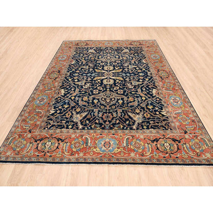 8'1"X10'1" Blue Antiqued Heris Re-Creation Soft Wool Hand Knotted Rug