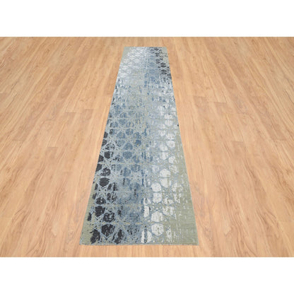 2'7"X12' Gray The Honeycomb Design Hand Knotted Wool And Silk Runner Rug