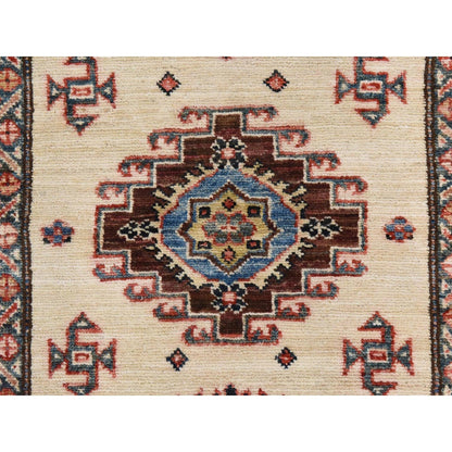 2'9"X8'3" Ivory Super Kazak Geometric Design Hand Knotted Wool Runner Rug
